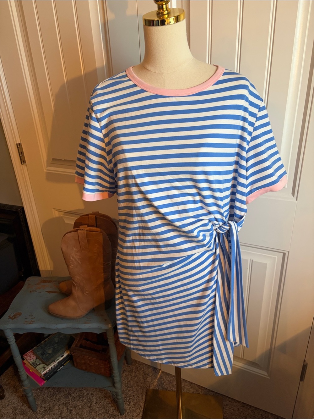 Blue & White Striped Mini Dress with Pink Trim and Side Tie